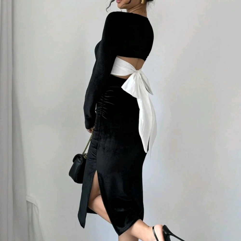 Black Velvet Crew Neck Long Sleeve Backless Bow Tie Slit Wrap Women Dress - Picture 2 of 4